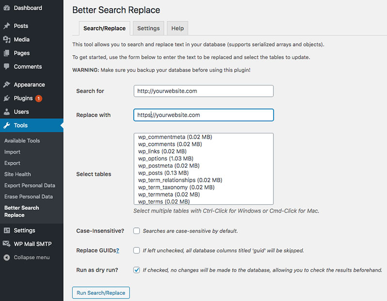 WordPress Better Search Replace plugin