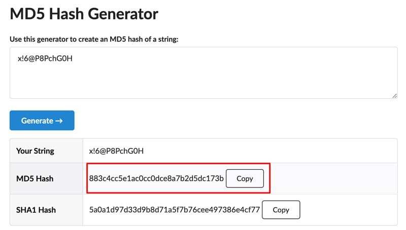 Convert password to MD5 hash string